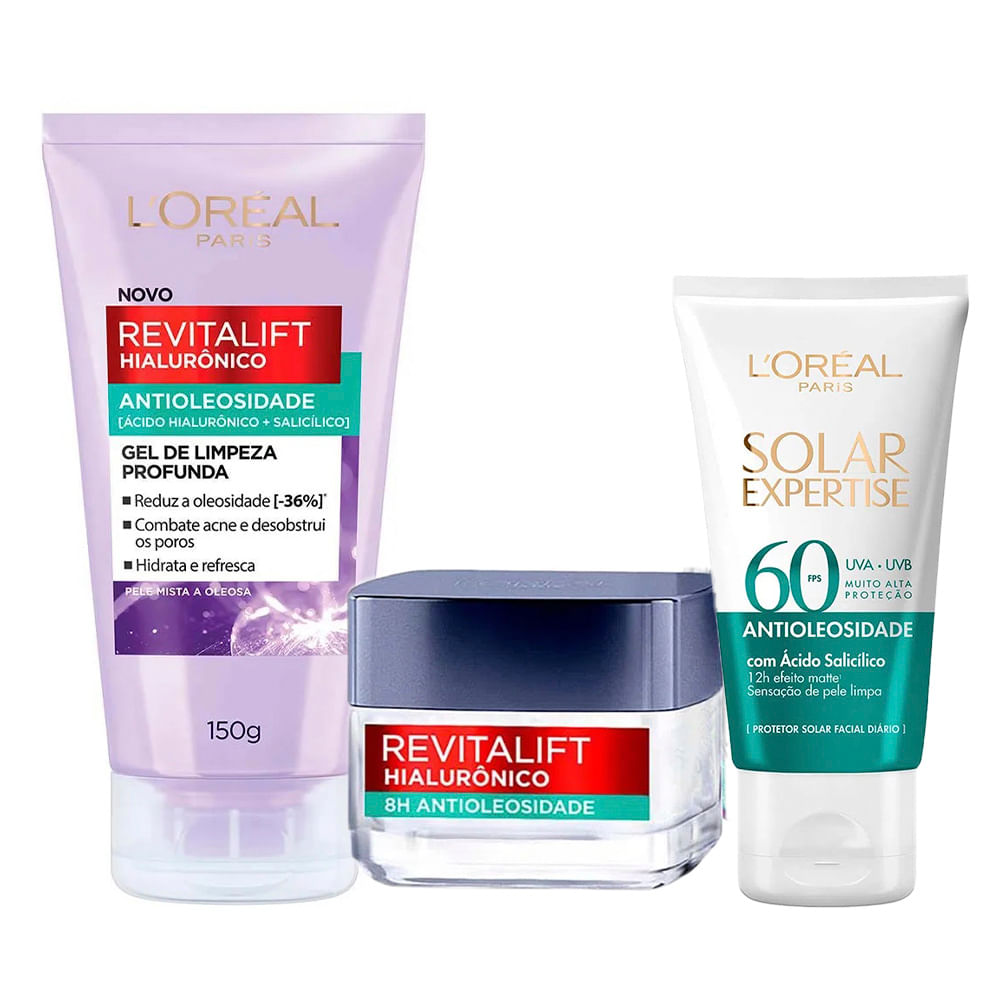 L'Oréal Paris Kit - Gel Hidratante Facial + Gel de Limpeza + Protetor Solar Facial