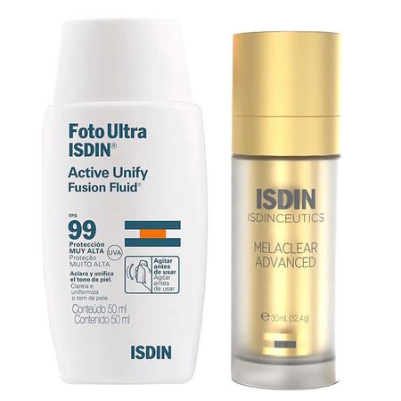 Isdin-Kit---Sérum-Facial-Clareador-Melaclear-Advanced-+-Clareador-Facial-FotoUltra-Active-Fluid-FPS99-Kit--1