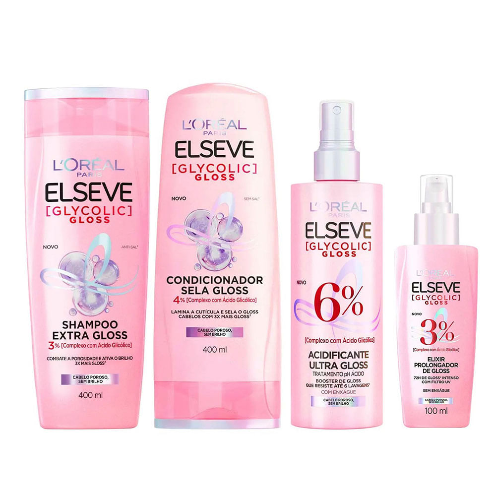 Elseve Glycolic Gloss Kit – Shampoo + Condicionador + Tratamento Acidificante + Sérum