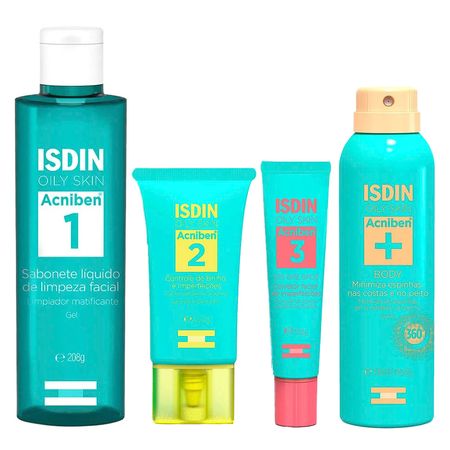 Isdin-Acniben-Kit---Gel-Secativo-+-Sabonete-Facial-+-Gel-Creme-Facial-+-Spray-Corporal-Antiacne-para-Peles-Oleosas-e-Acneicas-Kit--1