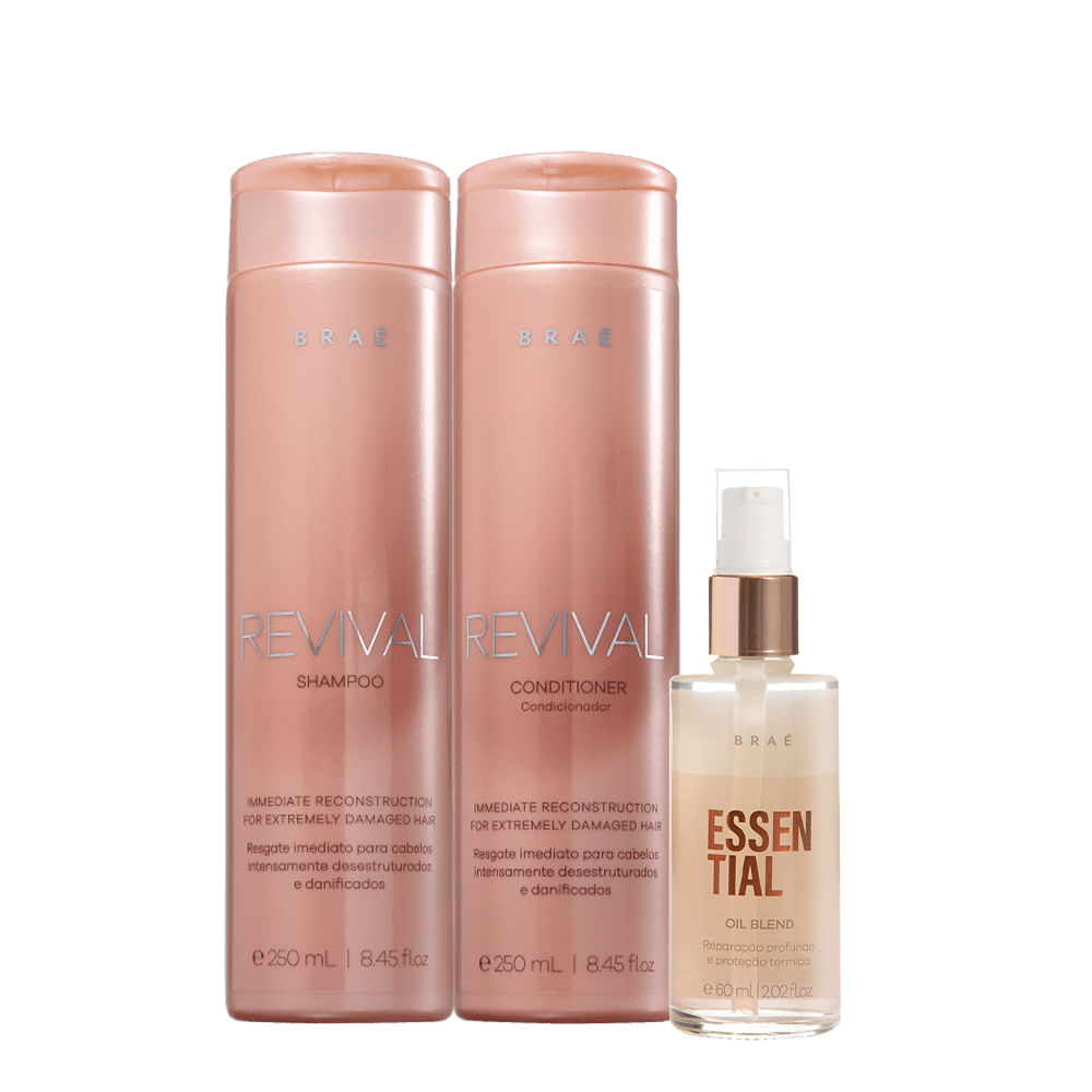 Kit Braé Revival Shampoo Condicionador e Essential Oil Blend (3 produtos)