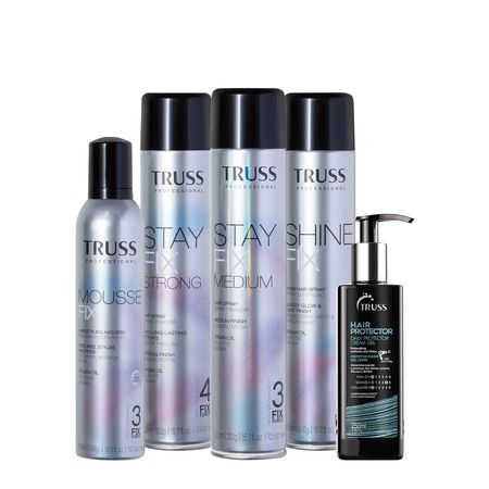 Kit-Truss-Fix-Mousse-Modelador-Strong-Medium-Shine-Fix-Spray-de-Brilho-e-Hair-Protector-(5-produtos)--1