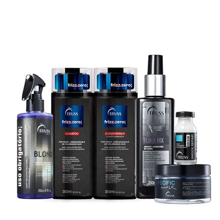 Kit-Truss-Frizz-Zero-Shampoo-Condicionador-Fluid-Fix-Specific-Mask-Uso-Obrigatório-Blond-e-Ampola-Shock-Repair-(6-produt--1