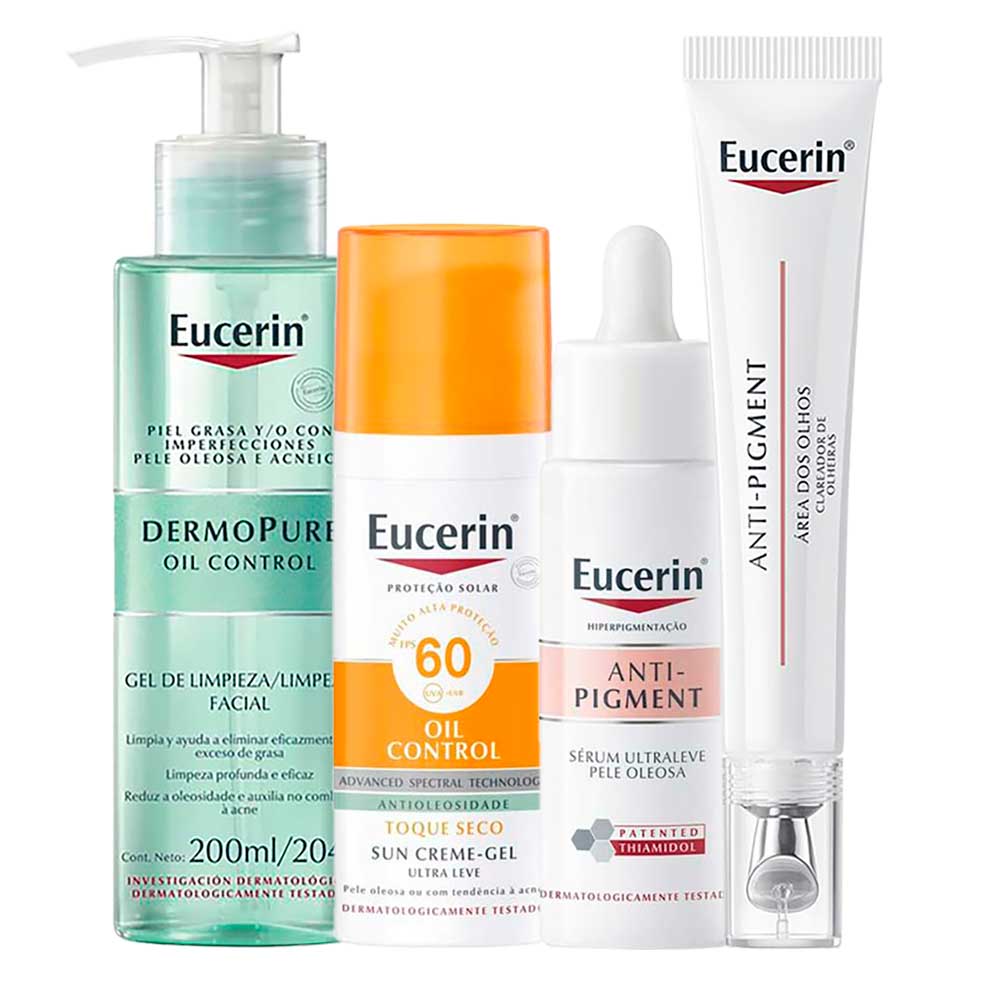 Eucerin Kit - Gel de Limpeza + Sérum + Clareador de Olheiras + Protetor Solar Facial para Peles Oleosas
