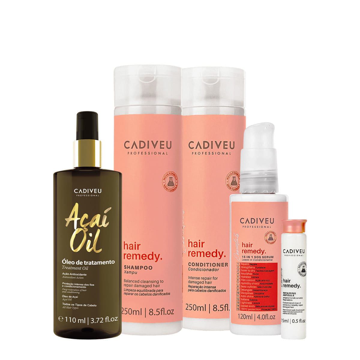 Kit Cadiveu Essentials Hair Remedy Shampoo Condicionador Leave-in Sérum Ampola e Açaí Oil 110 (5 produtos)