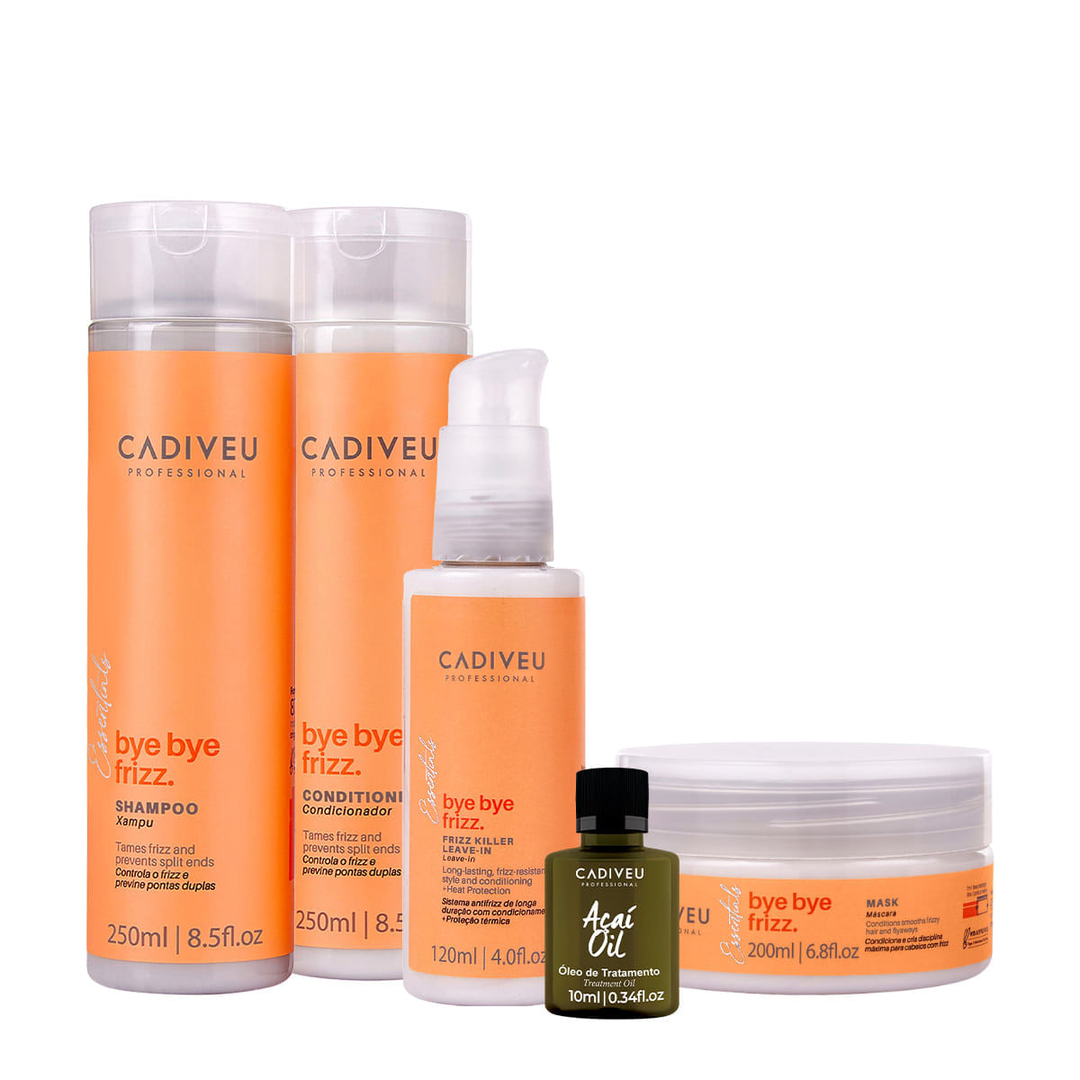 Kit Cadiveu Professional Bye Bye Frizz Shampoo Condicionador Máscara Leave-in e Açaí Oil (5 produtos)