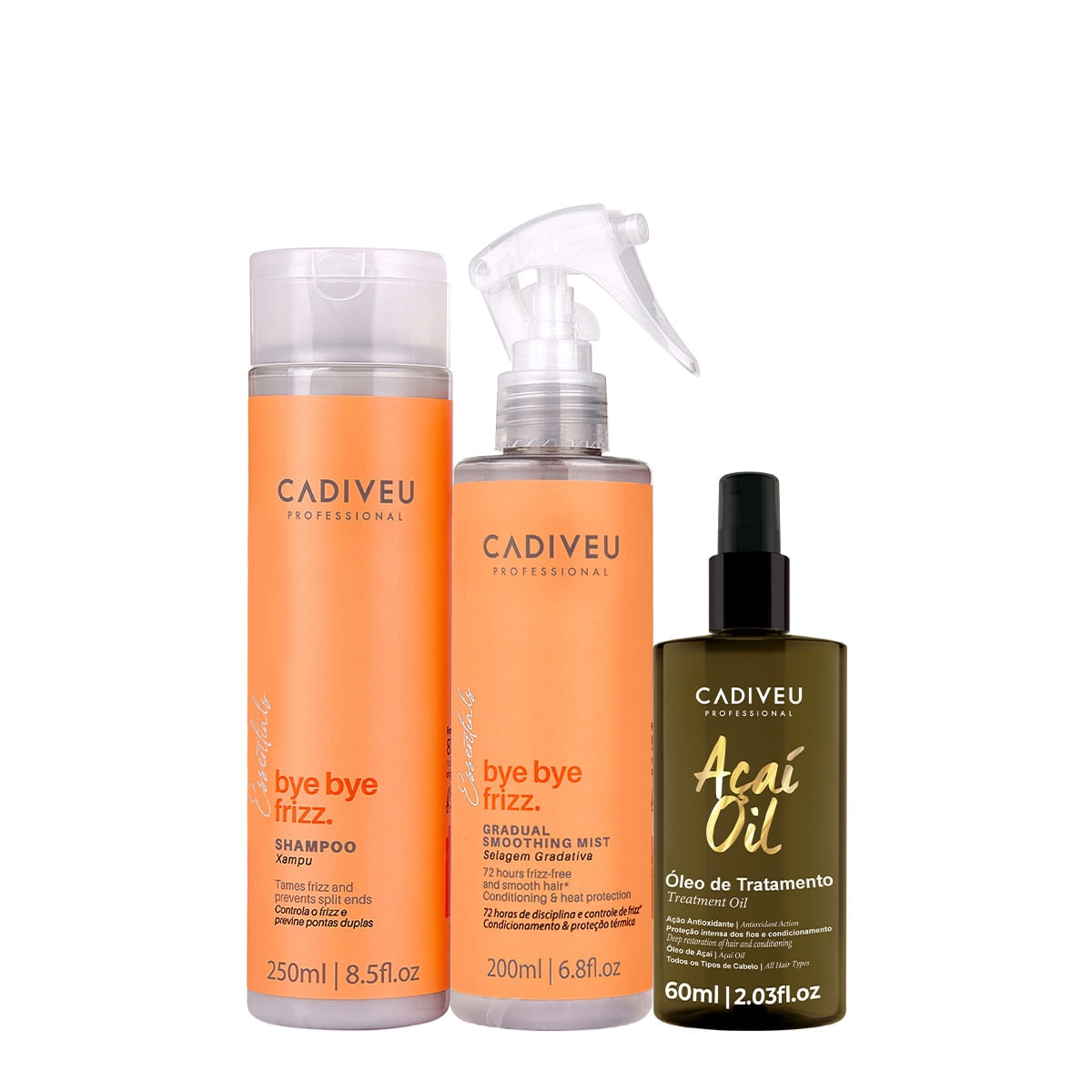 Kit Cadiveu Professional Bye Bye Frizz Shampoo Selagem Gradativa e Açaí Oil 60 (3 produtos)