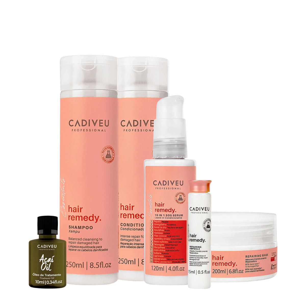 Kit Cadiveu Essentials Hair Remedy Shampoo Condicioandor Máscara Sérum Ampola e Açaí Oil (6 produtos)