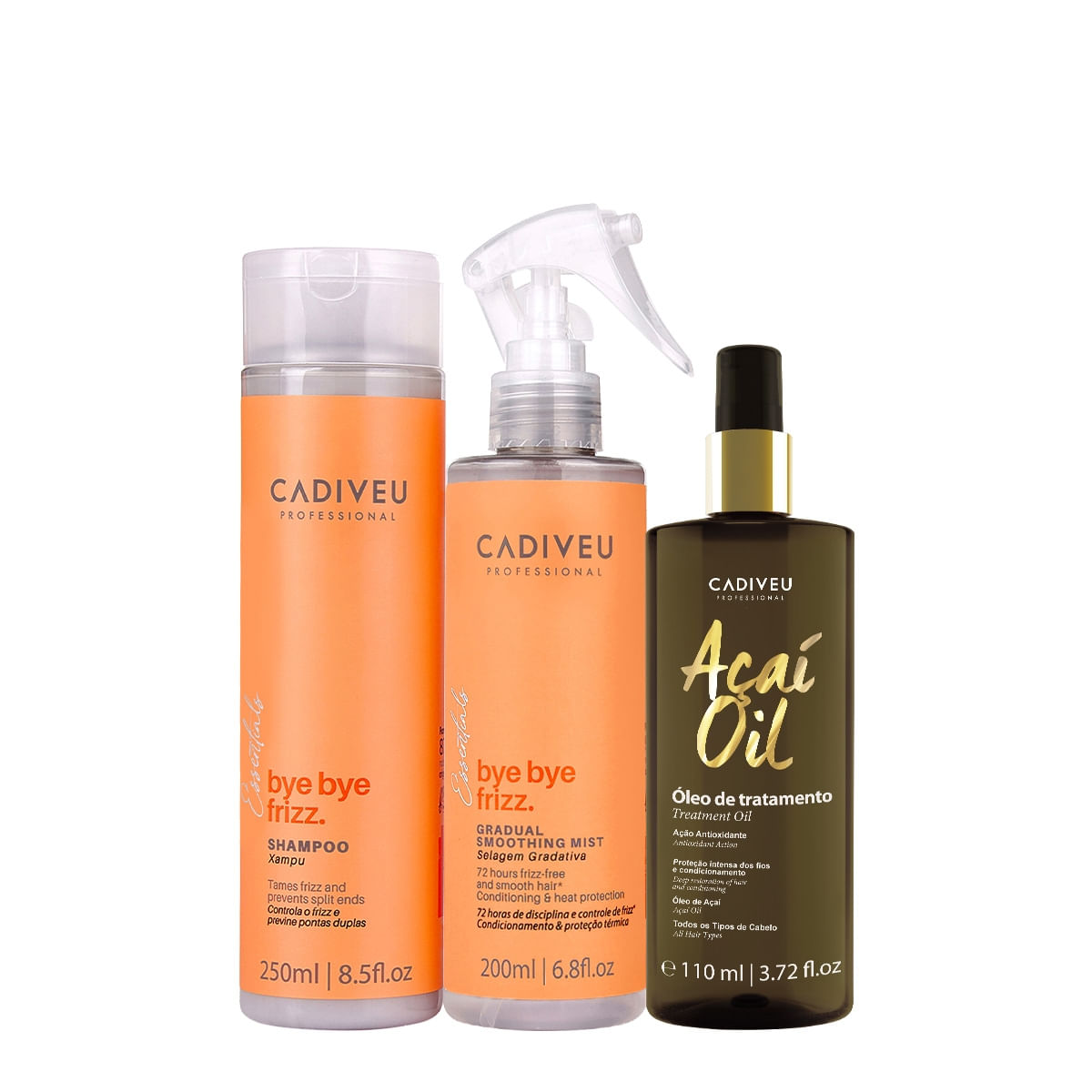 Kit Cadiveu Professional Bye Bye Frizz Shampoo Selagem Gradativa e Açaí Oil 110 (3 produtos)
