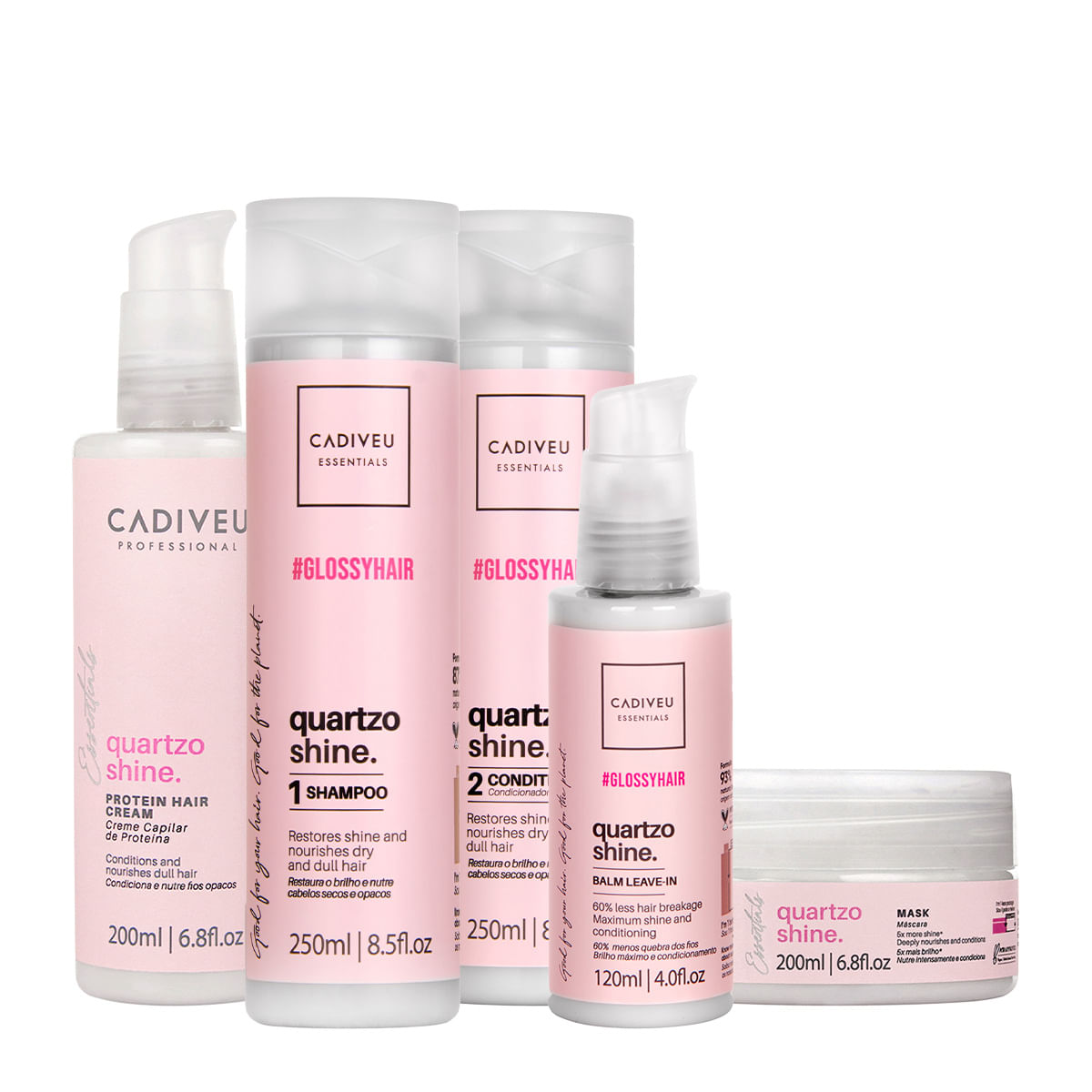 Kit Cadiveu Professional Essentials Quartzo Shine Shampoo Condicionador Máscara Pré- Shampoo e Leave-in (5 produtos)