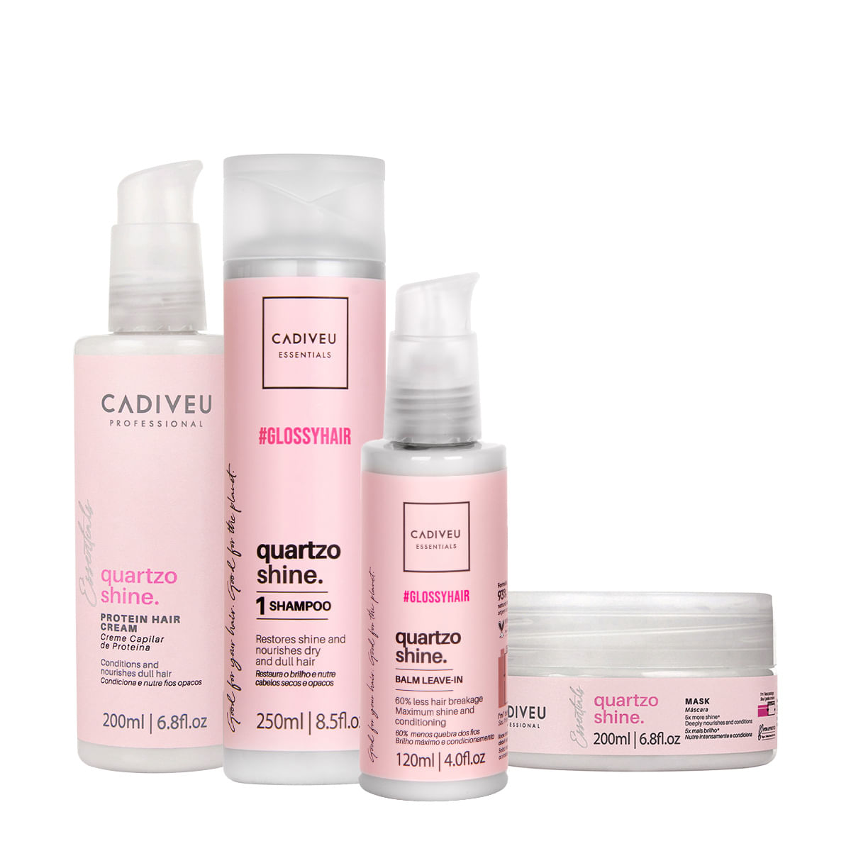 Kit Cadiveu Professional Essentials Quartzo Shine Shampoo Máscara Pré Shampoo e Leave-in (4 produtos)