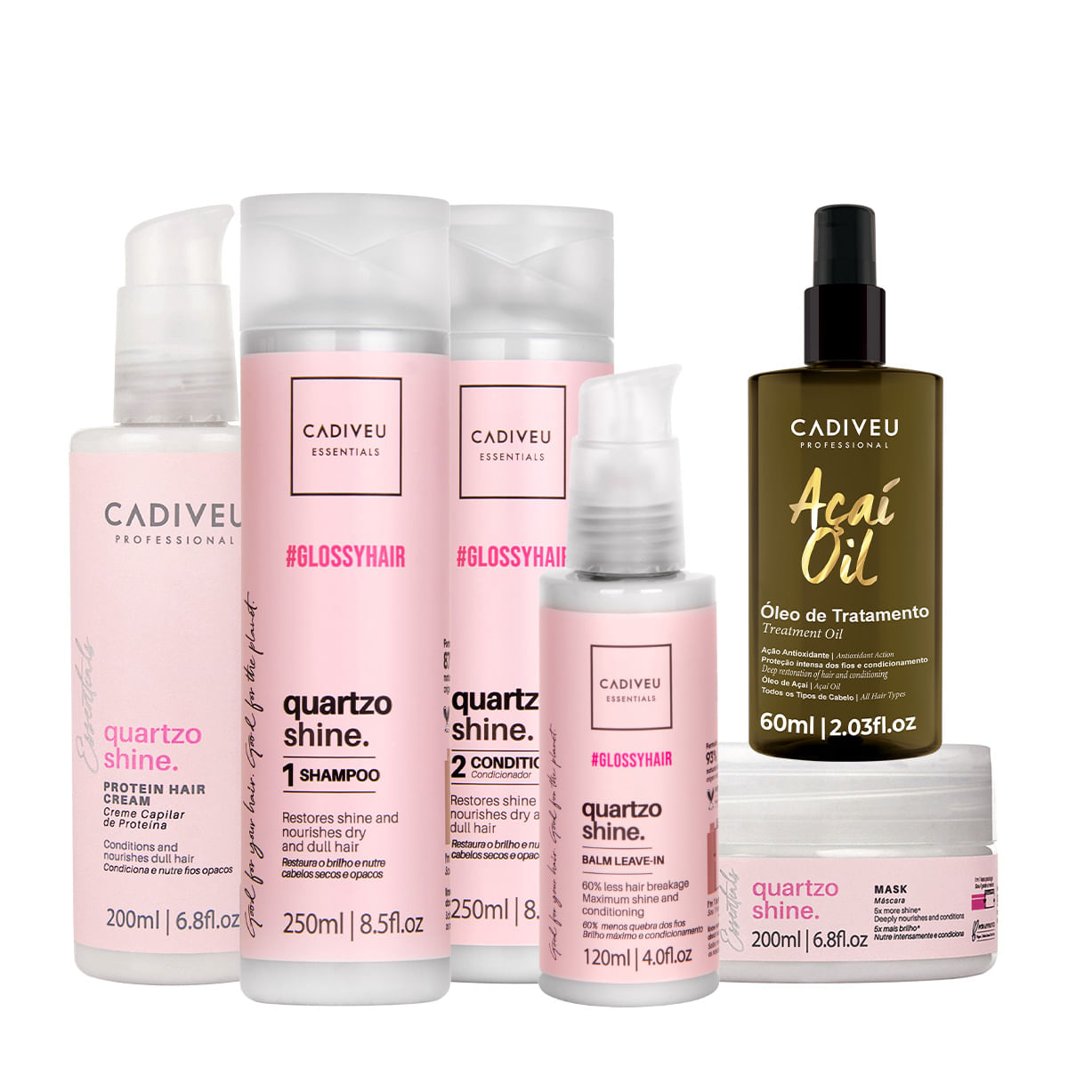 Kit Cadiveu Professional Quartzo Shine Shampoo Condicionador Máscara Pré-Shampoo Leave-in e Açaí Oil 60 (6 produtos)