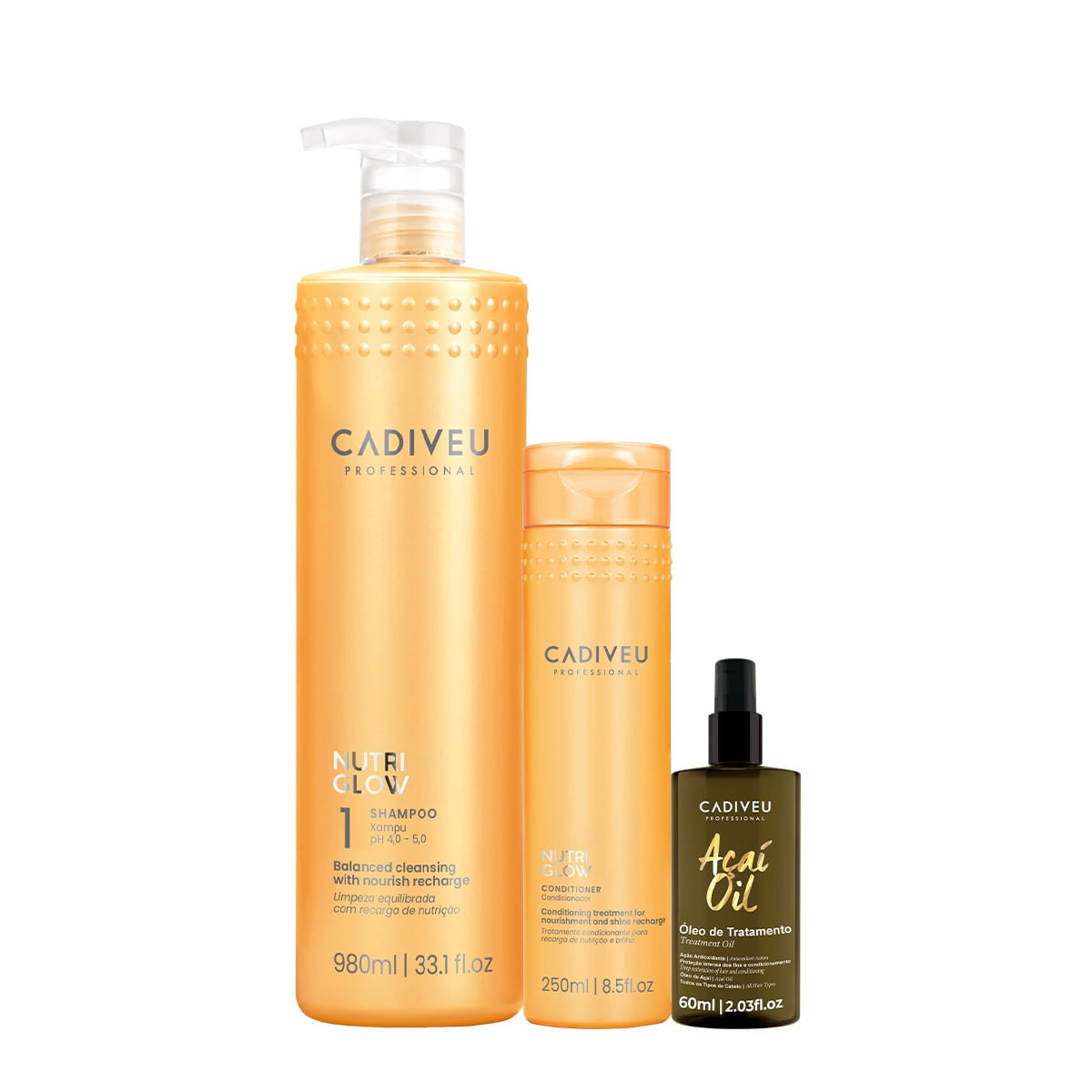 Kit Cadiveu Professional Nutri Glow Shampoo G Condicionador P e Açaí Oil 60 (3 produtos)