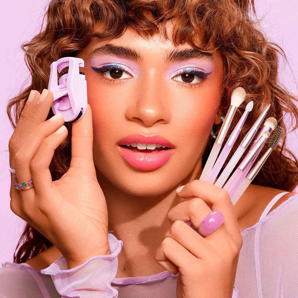 Kit Real Techniques Pastel Pop Frosted Lids Eye 6 Pincéis + Mini Curvador