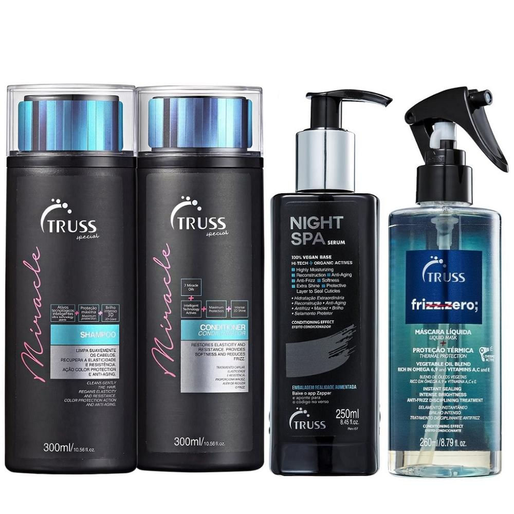Kit Truss Miracle Shampoo 300ml e Condicionador 300ml + Frizz Zero 260ml + Night Spa 250ml