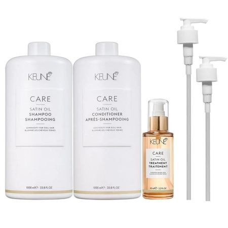 Kit-Keune-Satin-Oil-Shampoo-1000ml-+-Condicionador-1000ml-+-Óleo-95ml-+-Válvulas-Pump--1