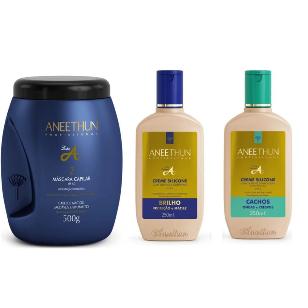 Aneethun Linha A - Kit Máscara 500 ml + Creme Silicone 250 ml + Creme Silicone Cachos 250 ml