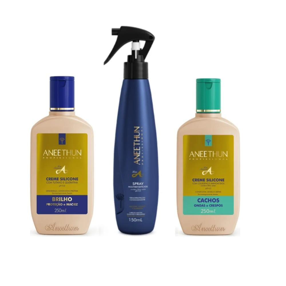 Aneethun Linha A - Kit Creme Silicone 250 ml + Spray Multifuncional 150 ml + Creme Silicone Cachos 250 ml