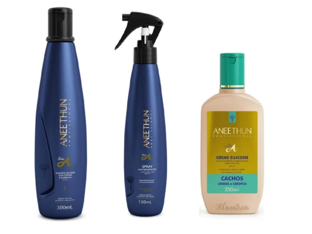 Aneethun Linha A - Kit Shampoo 300 ml + Spray Multifuncional 150ml + Creme Silicone Cachos 250 ml