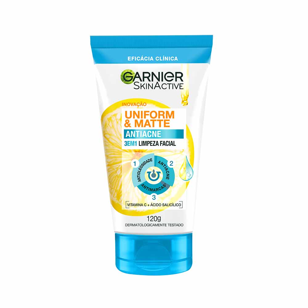 Sabonete de Limpeza Facial 3 em 1 Antiacne com Ácido Salicílico e Efeito Matte Garnier Uniform