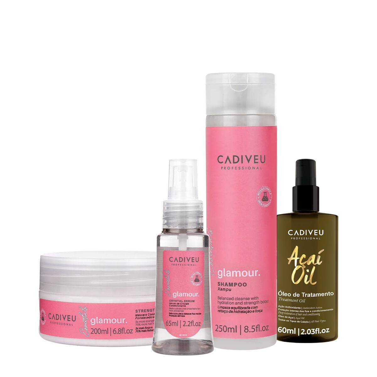 Kit Cadiveu Professional Essentials Glamour Shampoo Máscara Sérum e Açaí Oil 60 (4 produtos)