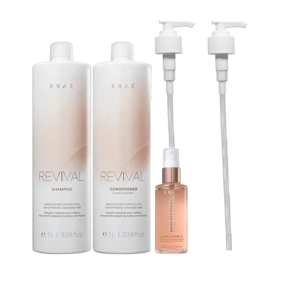 Kit Braé Revival - Shampoo 1L + Condicionador 1L + Óleo Gorgeous Shine 60ml + Válvula Pump