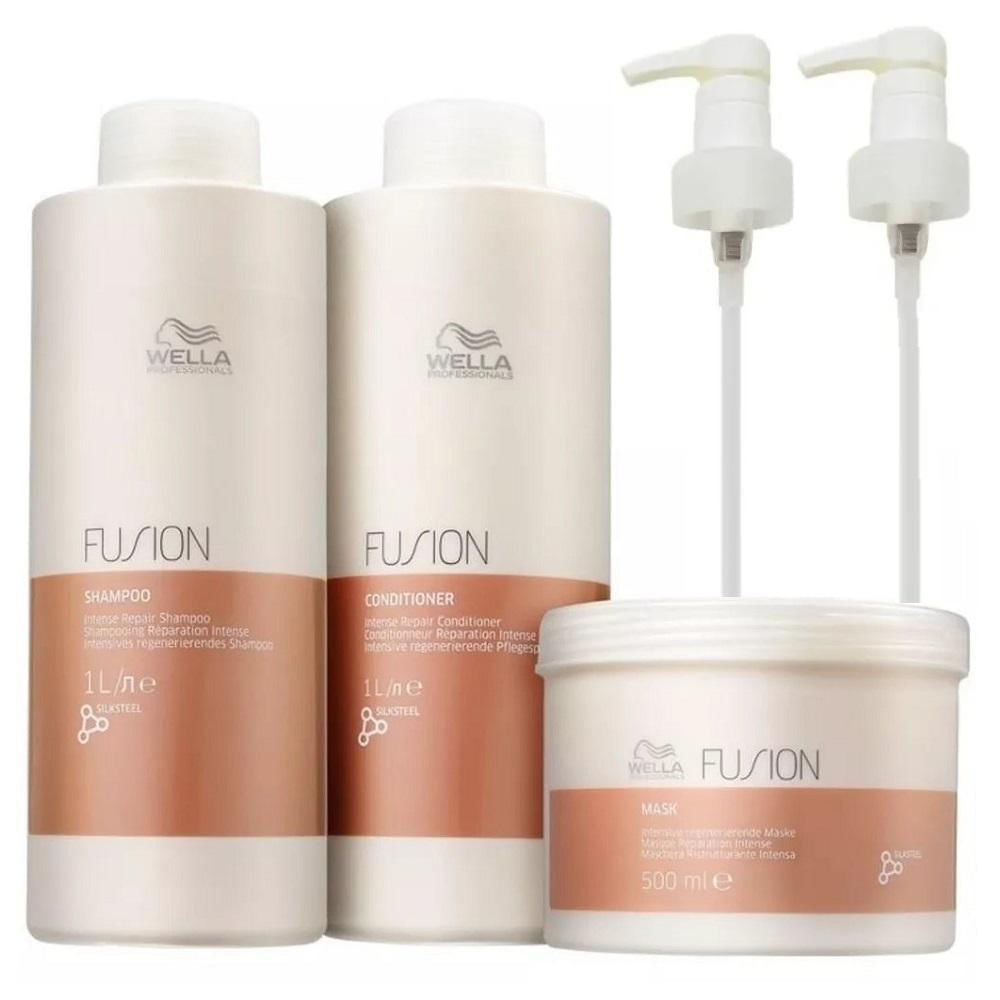 Wella Professionals Fusion Shampoo 1L + Condicionador 1L + Máscara 500ml + Válvulas Pump