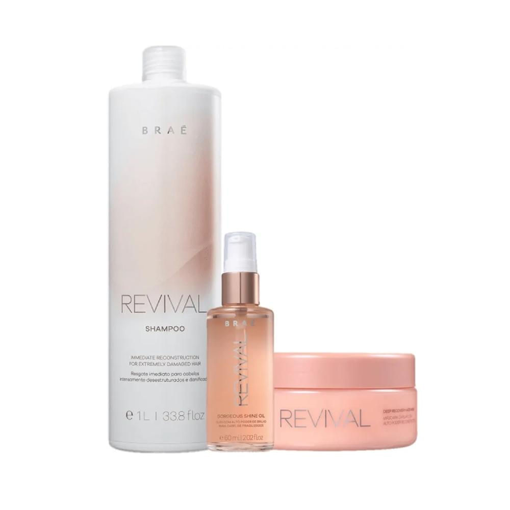 Kit Braé Revival - Shampoo 1L + Máscara 200g + Óleo Gorgeous Shine 60ml