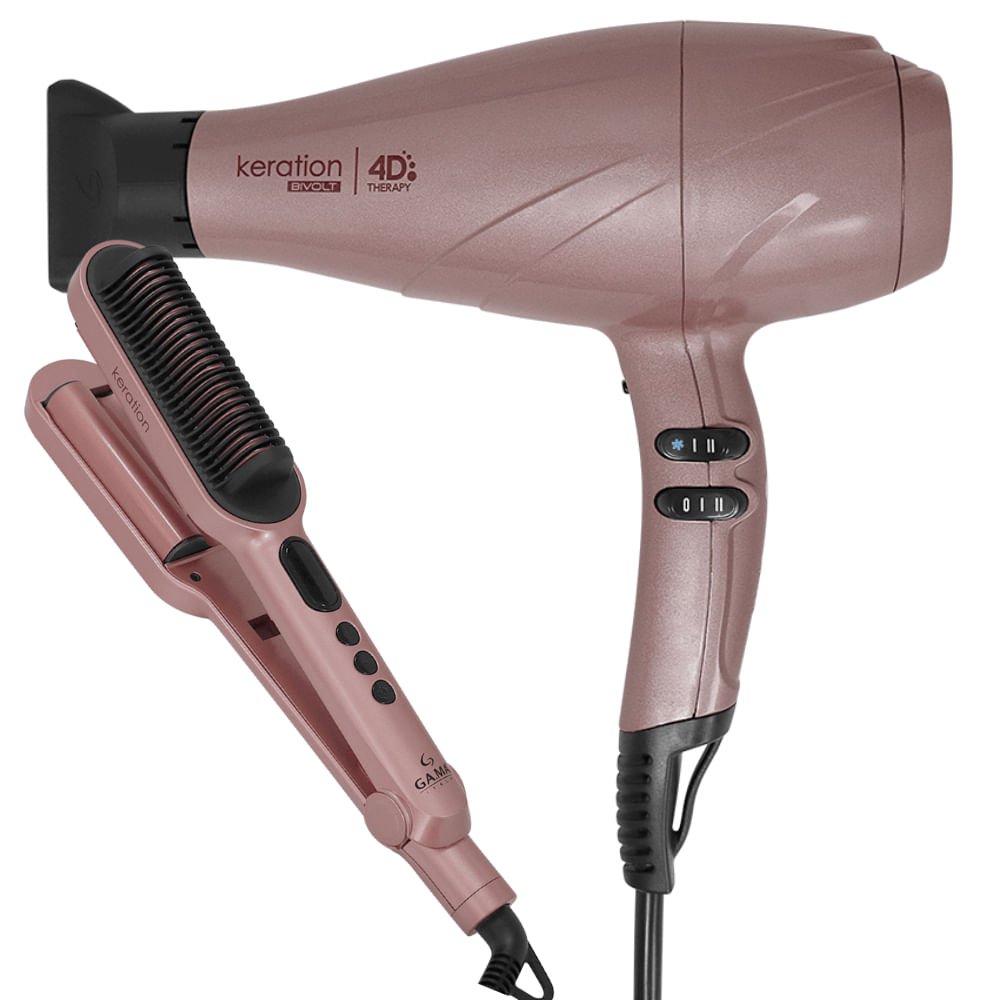 Kit Gama Secador Keration 4D E Prancha Waver & Brush Keration Bivolt