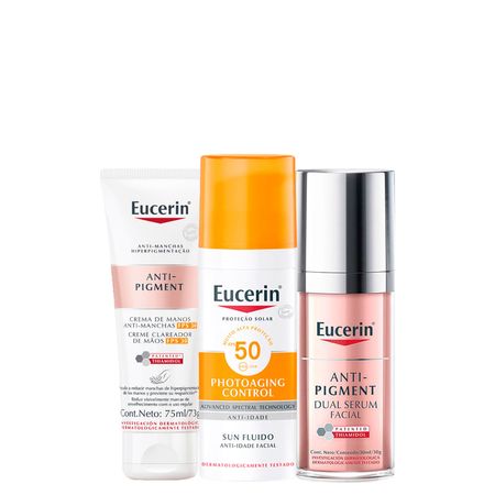 Kit-Eucerin---Sérum-Facial-Clareador-30-ml-+-Protetor-Solar-Facial-FPS-50-50-g-+-Creme-Clareador-para-as-Mãos-FPS-30-75-ml--1