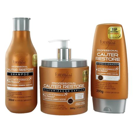 Forever-Liss-Kit-Cauterização-Shampoo-Cauter-Restore-300ml,-Condicionador-200g,-Máscara-500g--1