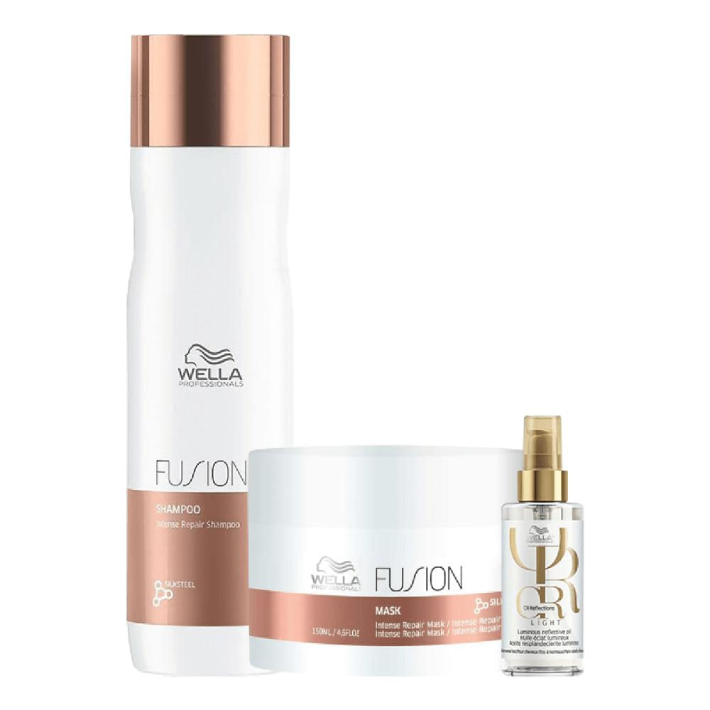 Kit Wella Shampoo, Máscara Fusion e Oil Reflections Light