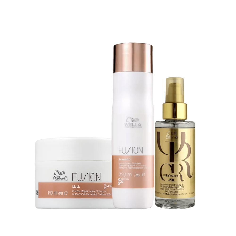 Kit Wella Fusion Shampoo, Máscara e Oil Reflections