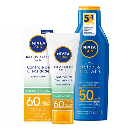NIVEA-Kit-–-Protetor-Solar-Sun-Protect-&-Hidrata-FPS50-200ml-+-Protetor-Solar-Facial-Sun-Beauty-Expert-Pele-Oleosa-FPS50-50g-Kit--1