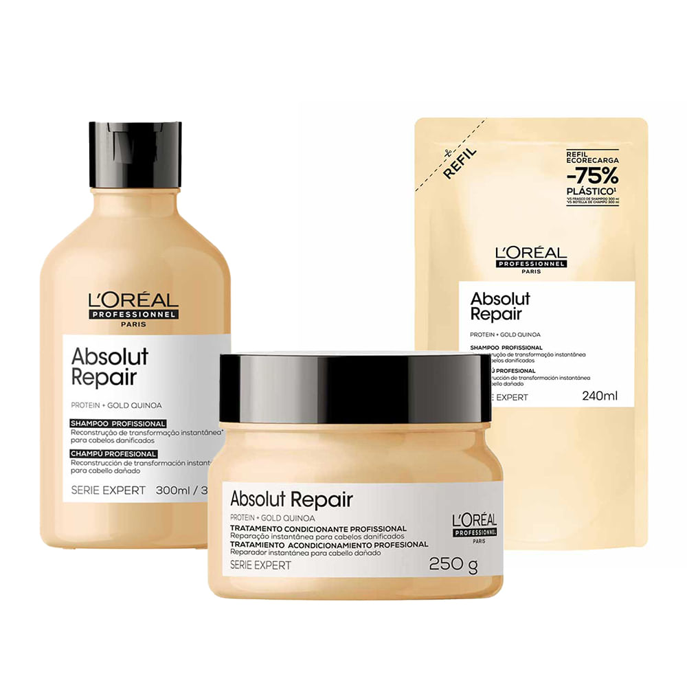 L'Oréal Professionnel Absolut Repair Gold Quinoa + Protein Kit - Máscara de Tratamento + Shampoo + Refil Shampoo