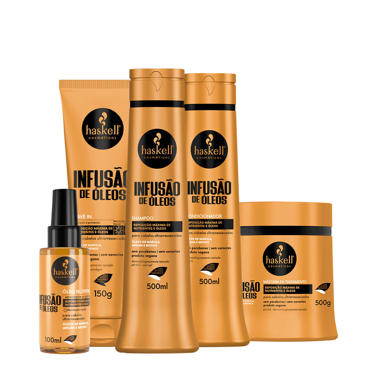 Kit Haskell Infusão de Óleos Shampoo Condicionador Máscara Óleo e Leave-in G (5 produtos)