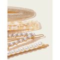 Nobrand - Kit Grampos de Cabelo Strass e Pérola Artificial Branco e Dourado (4 Peças)