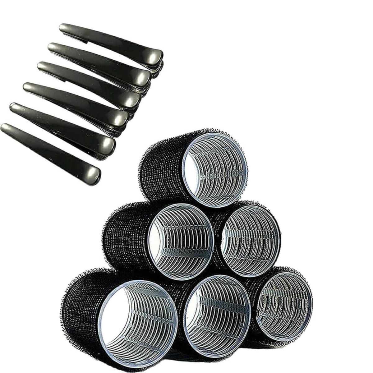 Nobrand - Kit Bobes de Cabelo com Velcro e Grampo 35mm Nº 4 Preto (6 Peças)
