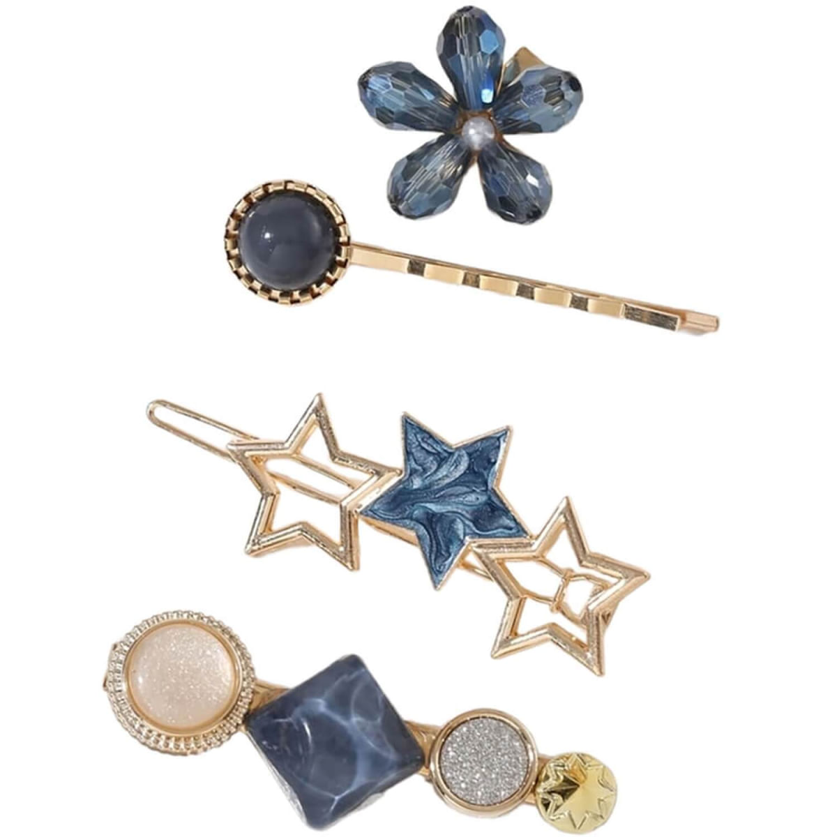 Nobrand - Kit Grampos de Cabelo Estrela e Pedras Azul e Dourado (3 Peças)