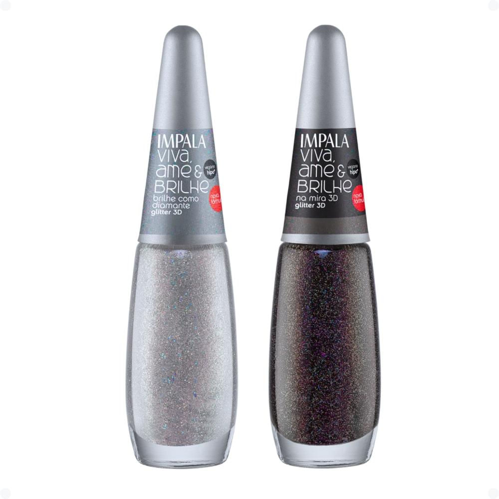 Kit Esmalte Glitter 3D Impala Viva, Ame e Brilhe Com 2 7,5ml