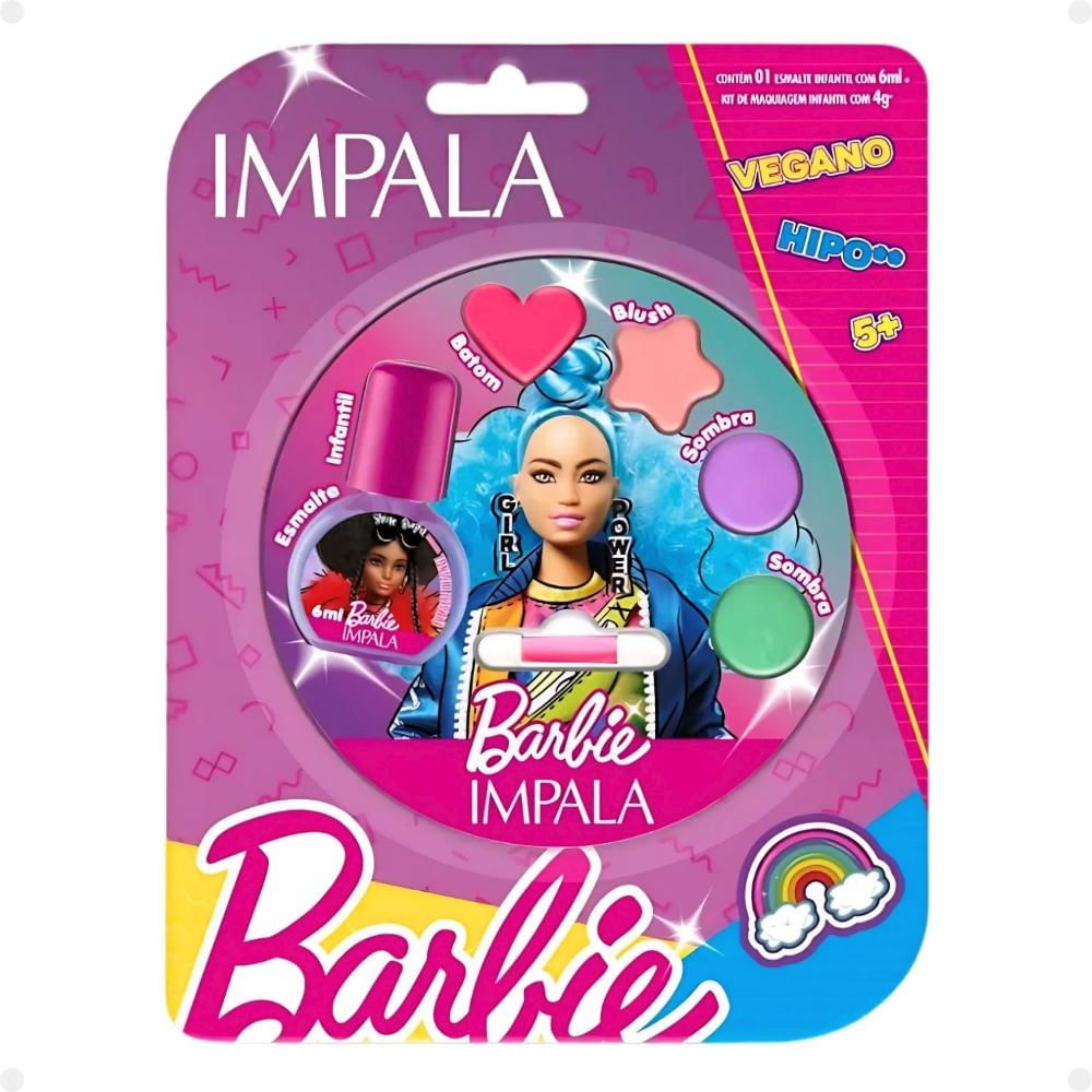 Kit Impala Barbie:1 Esmalte Shine Bright e Paleta de Maquiagem Infantil