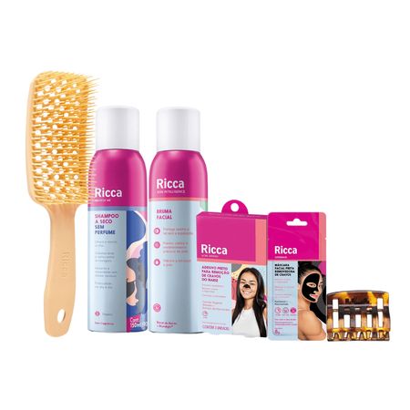 Kit-Tudo-que-Preciso-Ricca---Shampoo-a-Seco-150ml-+-Bruma-+-Máscara-Facial-+-Adesivo-Preto-Para-Remoção-+-Escova-+-Prendedor--1
