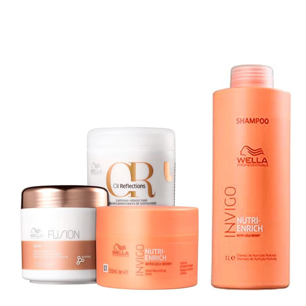 Kit Cronograma Capilar 3 Máscaras 150ml + Shampoo Nutri Enrich 1L - Wella (4 produtos)