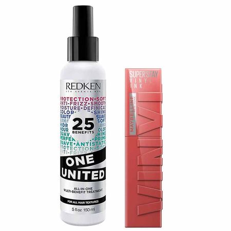Redken-e-Maybelline-Kit---Spray-de-Tratamento-One-United-+-Batom-Líquido-Super-Stay-Vinyl-Ink-Peachy-Kit--1