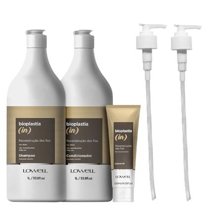 Kit-Lowell-Bioplastia-(in)---Shampoo-1-Litro-+-Condicionador-1-Litro-+-Leave-In-120ml-+-Válvulas-Pump--1