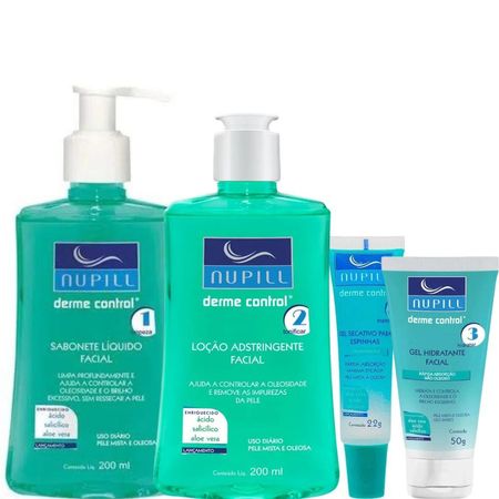 Kit-Nupill-Derme-Control---Sabonete-200ml-+-Loção-Adstringente-200ml-+-Gel-Hidratante-50g-+-Gel-Secativo--22g--1