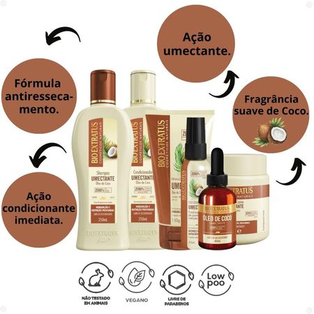 Kit-Bio-Extratus-Umectante-Óleo-de-Coco:-Shampoo-250ml,-Condicionador-250ml,-Banho-de-Creme-250g,-Finalizador-150g,-Óleo-55ml-e-Óleo-de-Coco-40ml--2