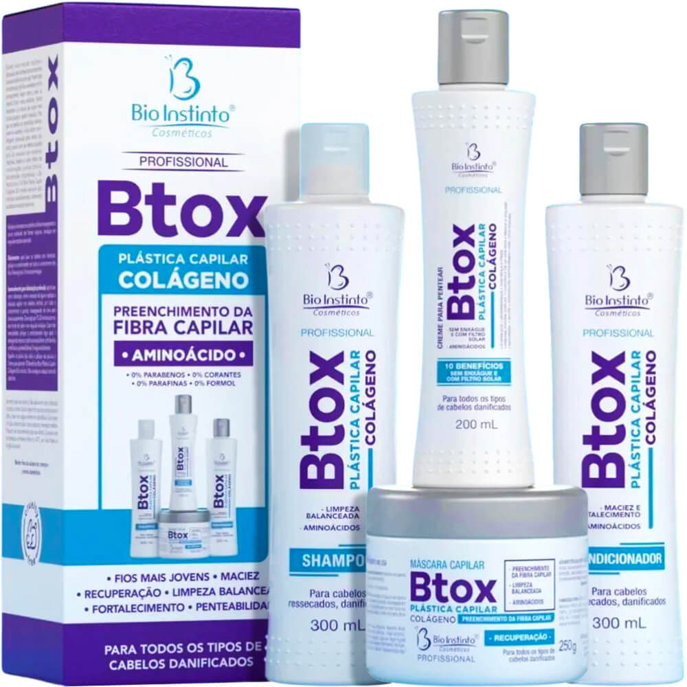 Bio Instinto Btox Plástica Capilar Kit Colágeno Capilar - Shampoo 300ml + Condicionador 300ml + Máscara 250g + Creme de Pentear 200ml
