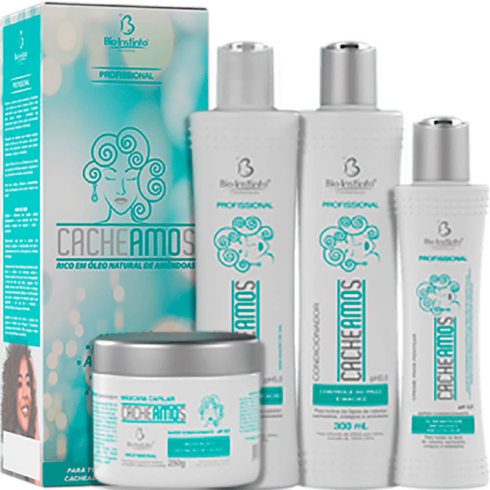 Bio Instinto Cacheamos Kit Óleo Natural de Amêndoas - Shampoo 300ml + Condicionador 300ml + Máscara 250g + Creme de Pentear 200ml