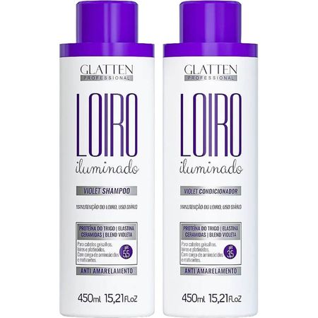 Glatten-Loiro-Iluminado-Kit-Violet-Manutenção-Uso-Diário---Shampoo-450ml-+-Condicionador-450ml--1